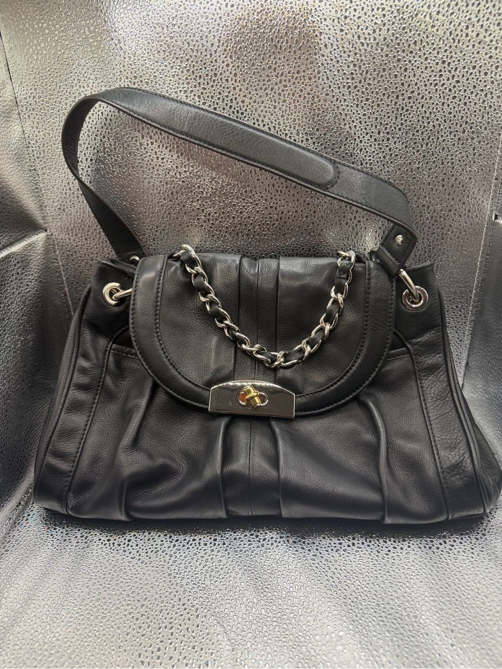 B. Makowsky Vanessa Black Leather Turnlock Satchel Bag